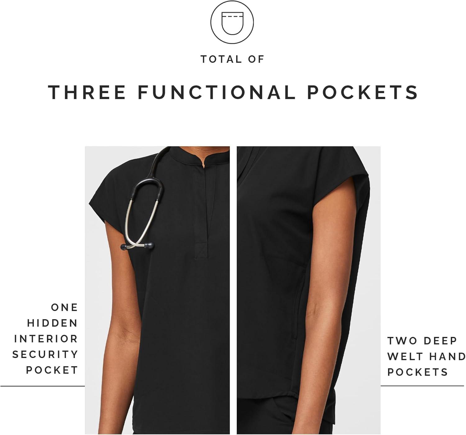 imageFIGS Rafaela Oversized Scrub Tops for Women Mandarin Collar Shirttail Hem 3 Pockets 4Way StretchBlack