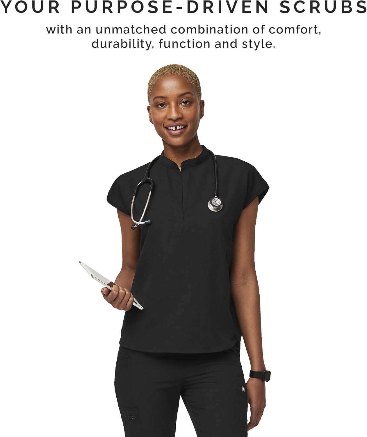 imageFIGS Rafaela Oversized Scrub Tops for Women Mandarin Collar Shirttail Hem 3 Pockets 4Way StretchBlack