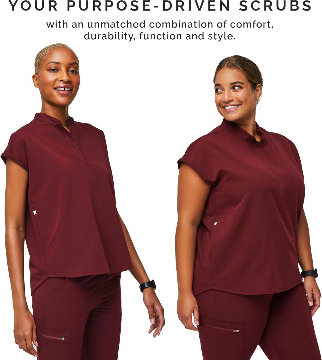 imageFIGS Rafaela Oversized Scrub Tops for Women Mandarin Collar Shirttail Hem 3 Pockets 4Way StretchBurgundy