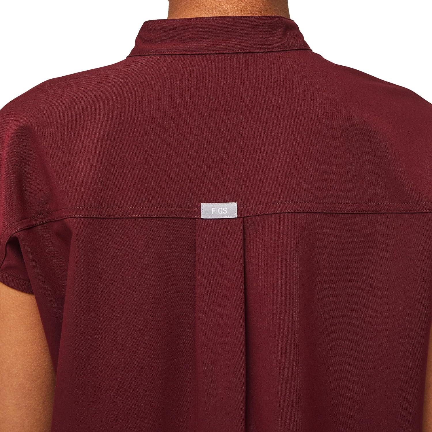 imageFIGS Rafaela Oversized Scrub Tops for Women Mandarin Collar Shirttail Hem 3 Pockets 4Way StretchBurgundy
