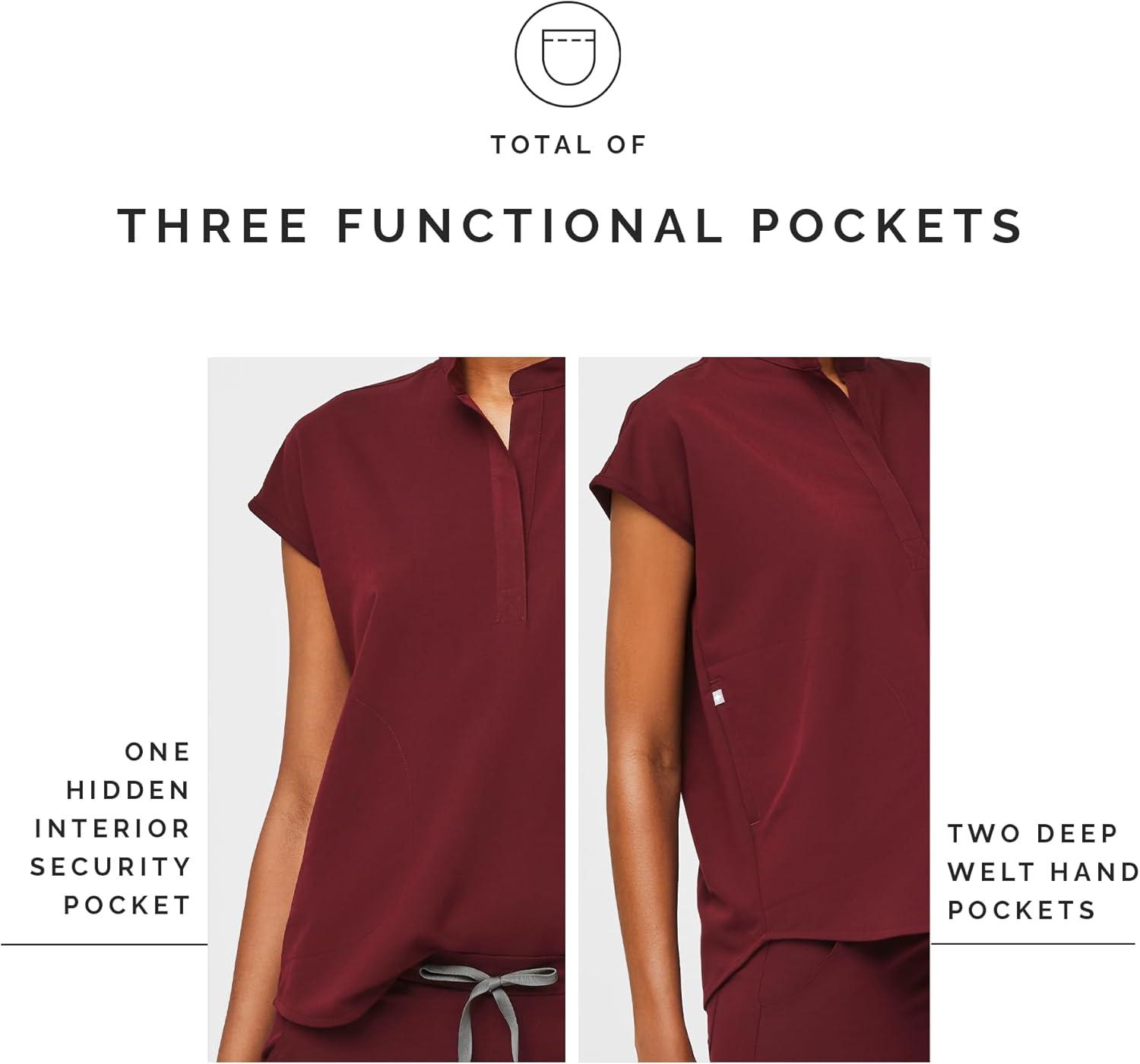 imageFIGS Rafaela Oversized Scrub Tops for Women Mandarin Collar Shirttail Hem 3 Pockets 4Way StretchBurgundy