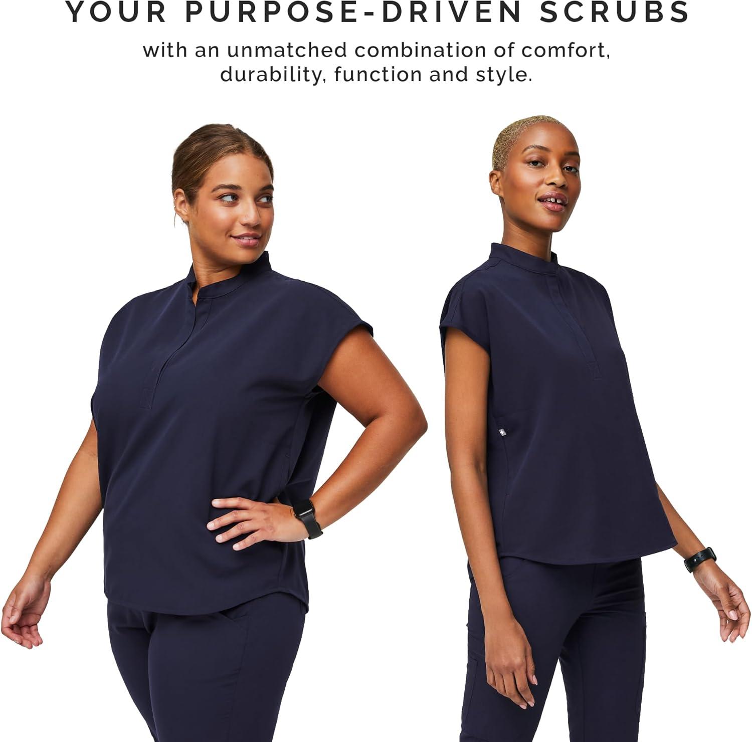 imageFIGS Rafaela Oversized Scrub Tops for Women Mandarin Collar Shirttail Hem 3 Pockets 4Way StretchNvy