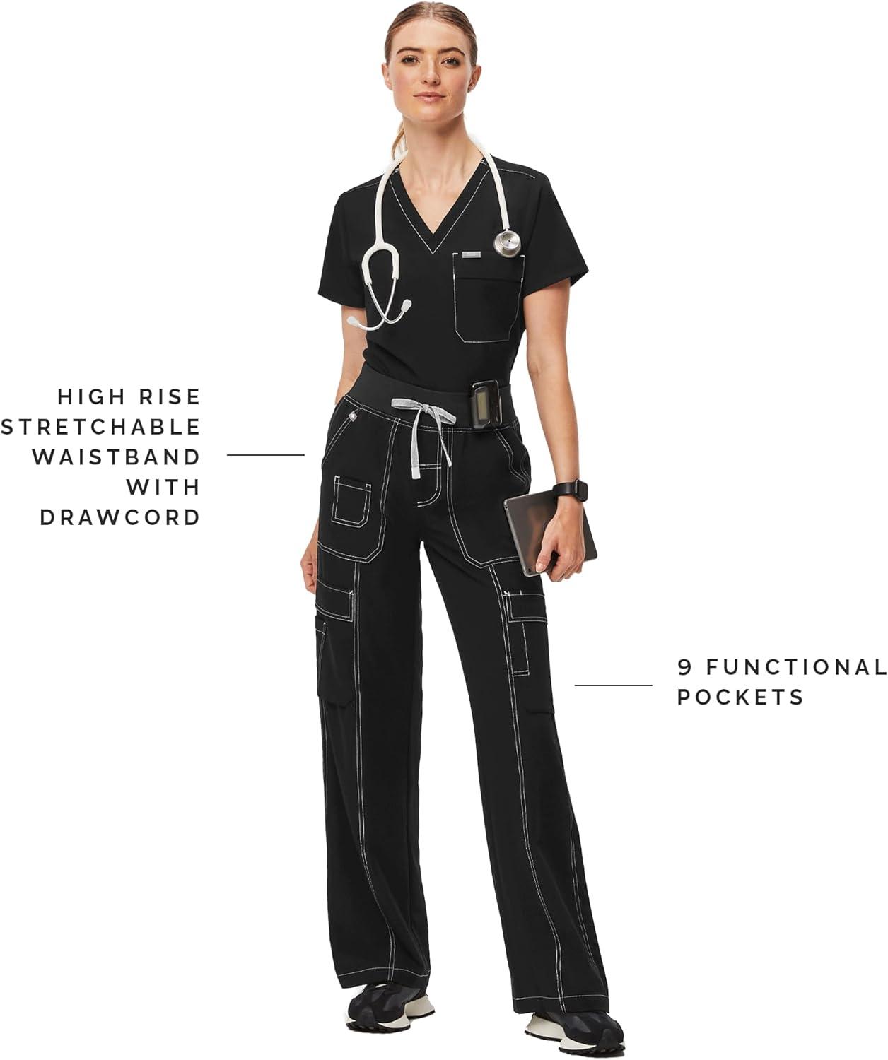 imageFIGS Yendi High Waisted Cargo Jogger Scrub Pants for Women High Rise Classic Fit Wide Leg 9 Pockets Amazon Exclusive