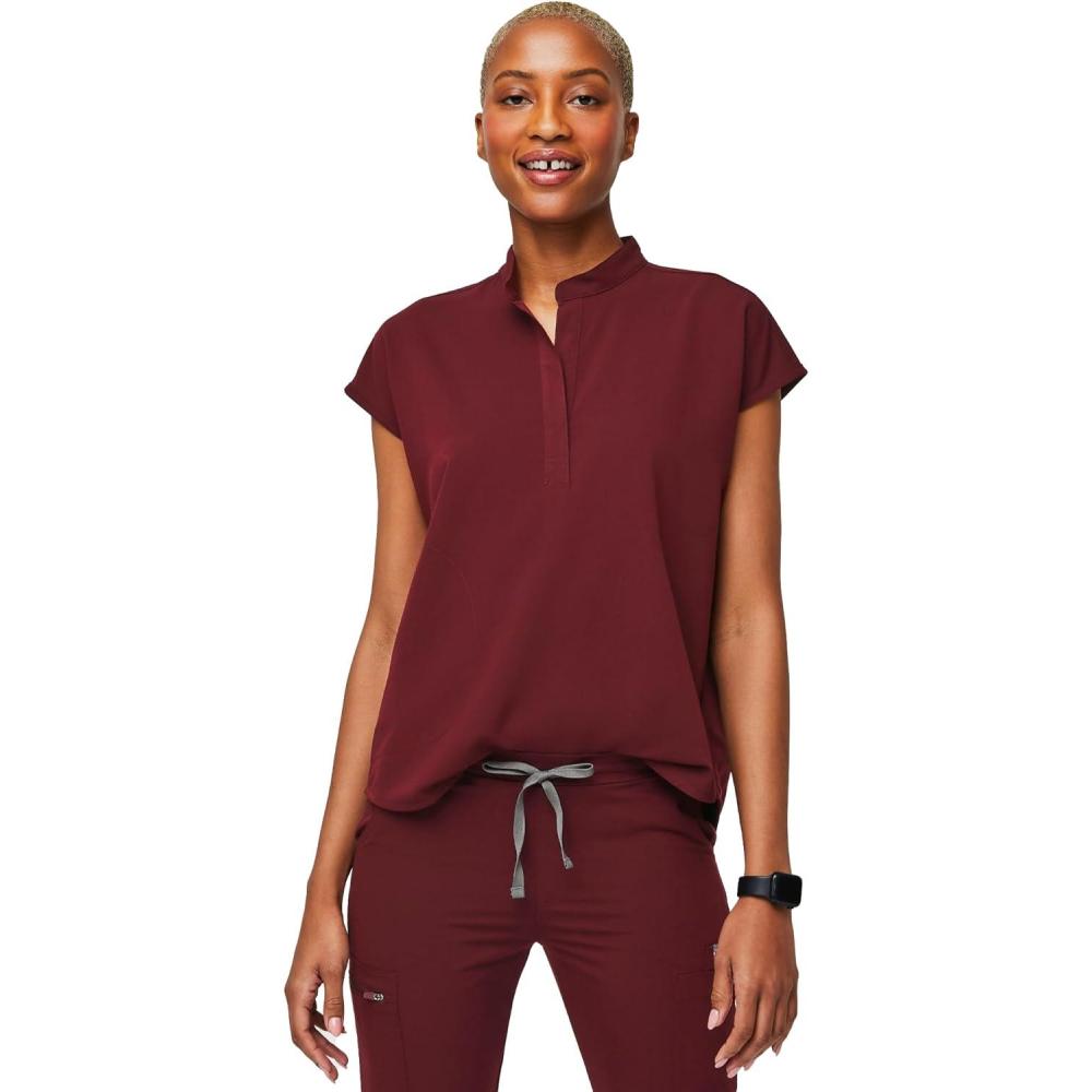 imageFIGS Rafaela Oversized Scrub Tops for Women Mandarin Collar Shirttail Hem 3 Pockets 4Way StretchBurgundy