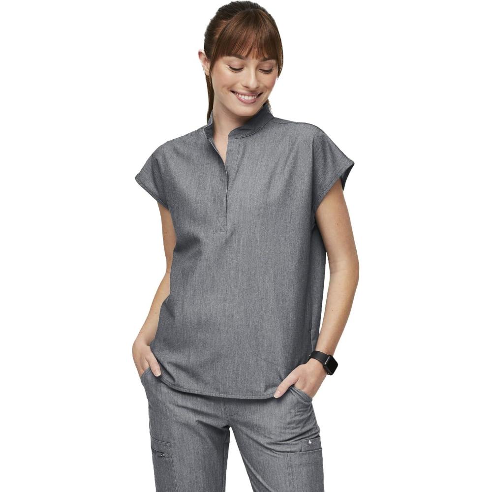 imageFIGS Rafaela Oversized Scrub Tops for Women Mandarin Collar Shirttail Hem 3 Pockets 4Way StretchGraphite