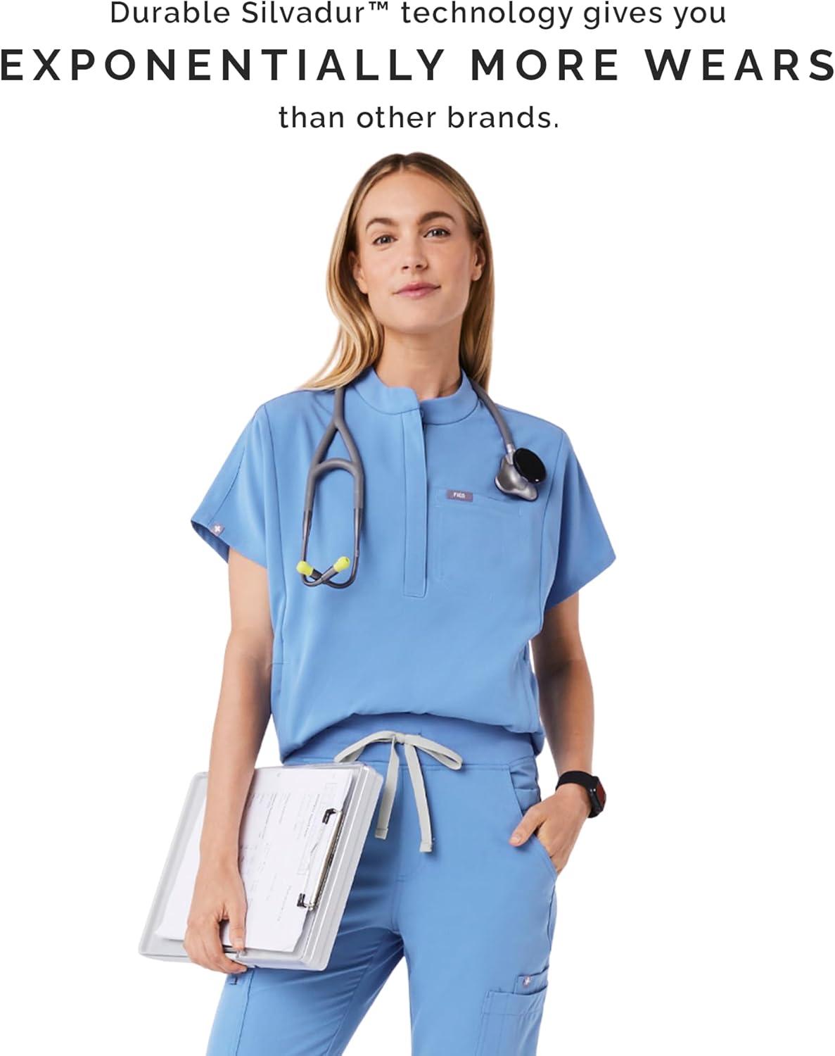 imageFIGS Montex Scrub Top for Women Relaxed Fit Mock Neck 2 Pockets AntiWinkle 4Way StretchCeil Blue