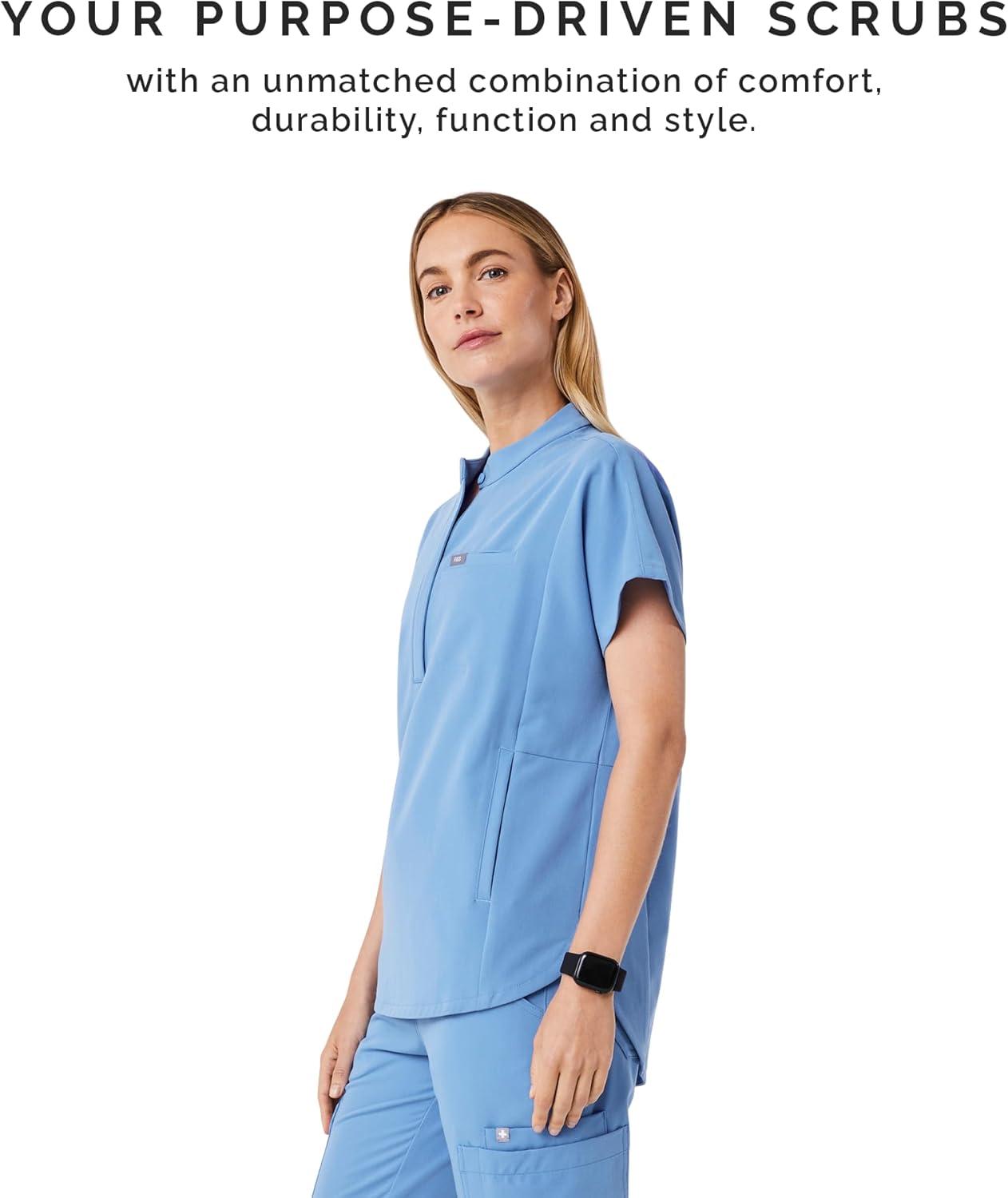 imageFIGS Montex Scrub Top for Women Relaxed Fit Mock Neck 2 Pockets AntiWinkle 4Way StretchCeil Blue