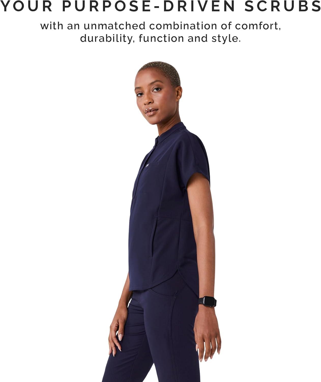 imageFIGS Montex Scrub Top for Women Relaxed Fit Mock Neck 2 Pockets AntiWinkle 4Way StretchNavy