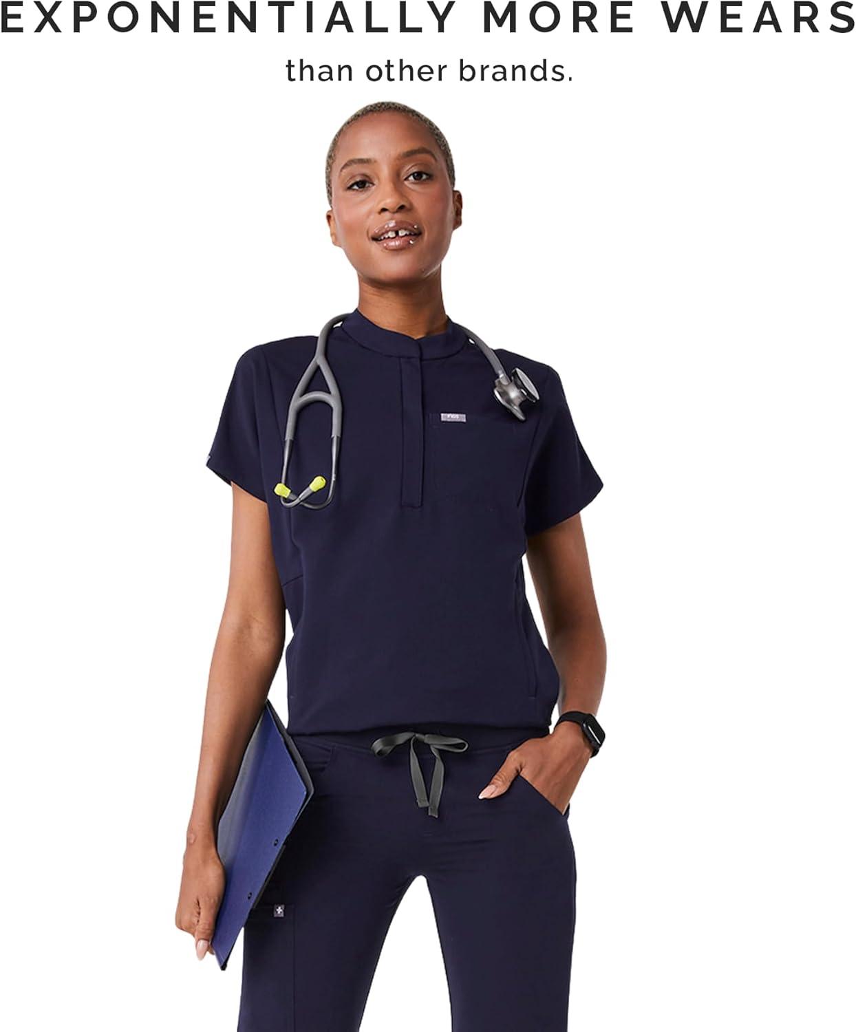 imageFIGS Montex Scrub Top for Women Relaxed Fit Mock Neck 2 Pockets AntiWinkle 4Way StretchNavy