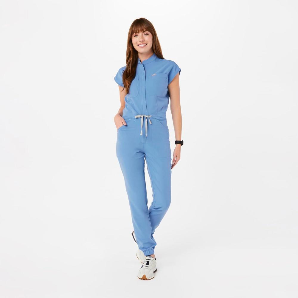 imageFIGS Rafaela Cargo ScrubJumpsuit for Women Comfortable Fit OnePiece Jogger Scrub Set High Rise Waistband 9 PocketsCeil Blue