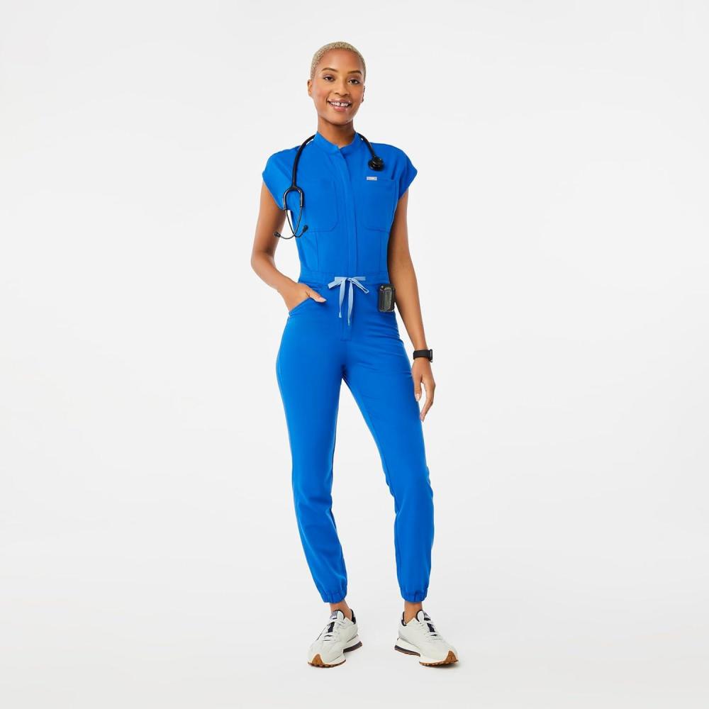 imageFIGS Rafaela Cargo ScrubJumpsuit for Women Comfortable Fit OnePiece Jogger Scrub Set High Rise Waistband 9 PocketsRoyal Blue