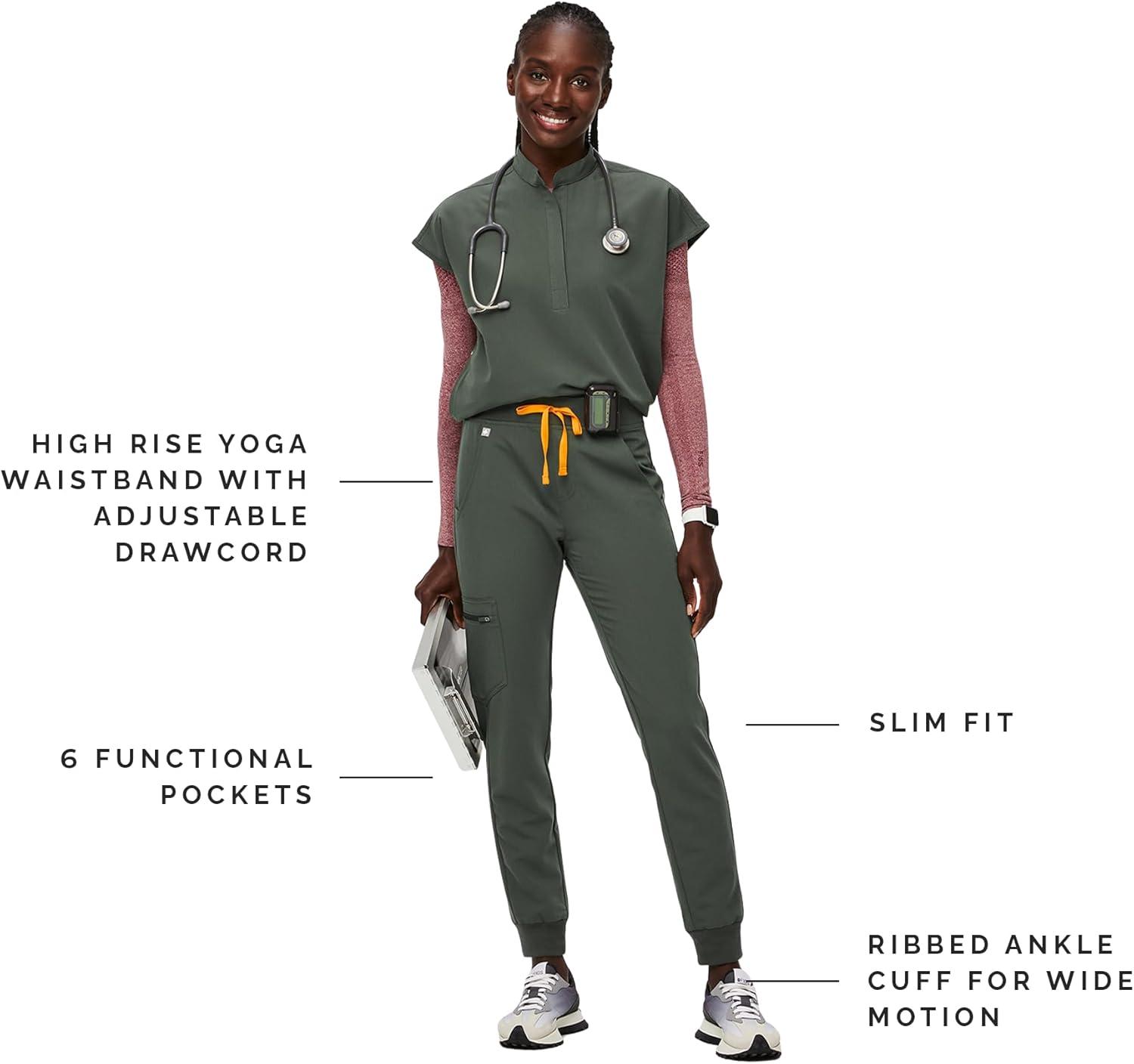 imageFIGS Zamora Jogger Scrub Pants for Women Slim Fit 6 Pockets Yoga Waistband Ribbed Ankle Cuffs AntiWrinkleMoss 30