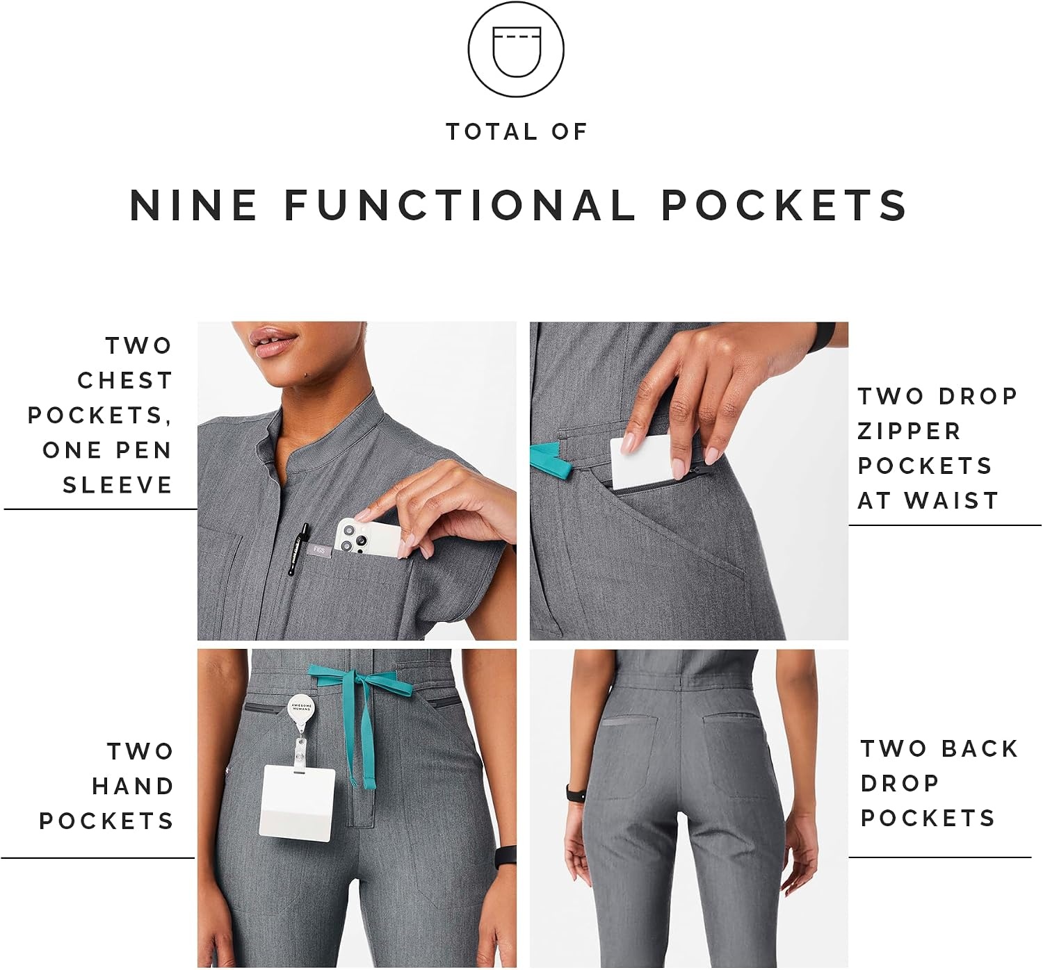 image:imageFIGS Rafaela Cargo ScrubJumpsuit for Women Comfortable Fit OnePiece Jogger Scrub Set High Rise Waistband 9 PocketsGraphite 30