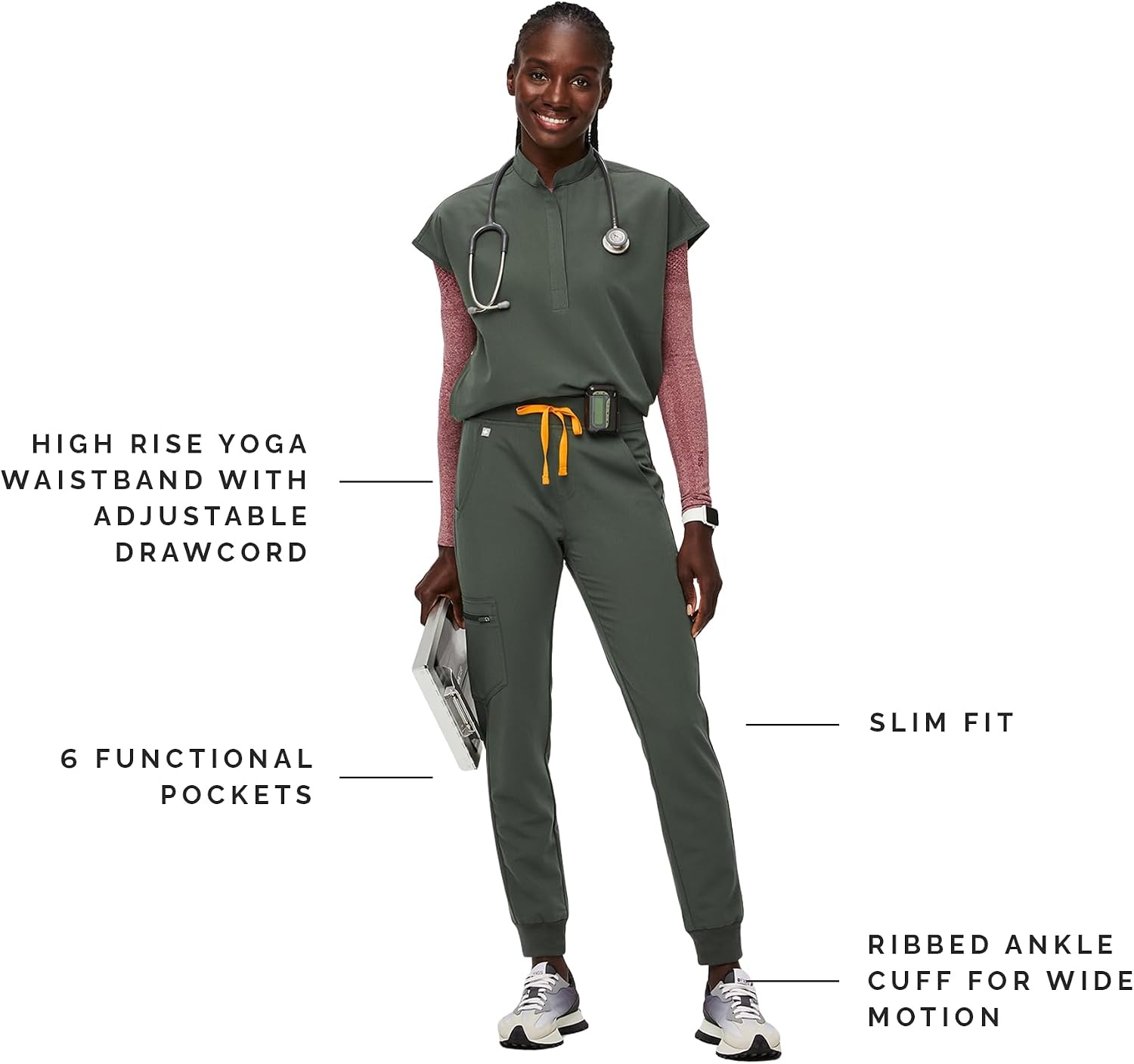image:imageFIGS Zamora High Waisted Jogger Scrub Pants for Women Slim Fit 6 Pockets High Rise Yoga WaistbandMoss 20